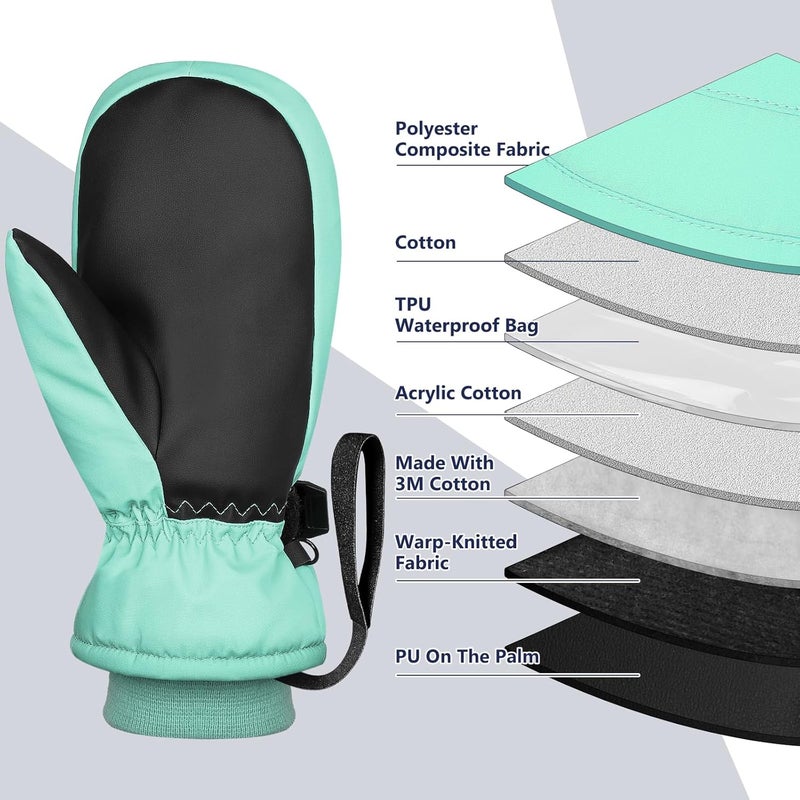 Odtmger Snow Mittens Waterproof Winter Ski Warm Cotton & Spray-Bonded Cotton Lined, Anti-Loss Rope for Parent Child - Image 3